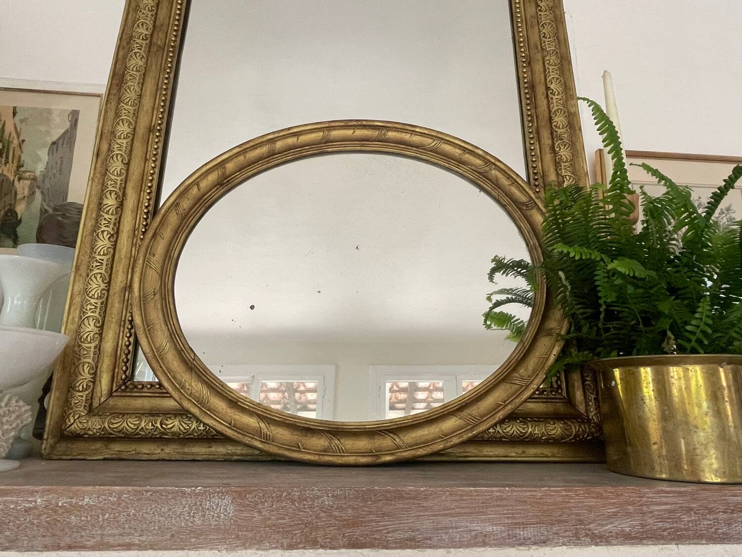 58cm patinated gilded wood mirror