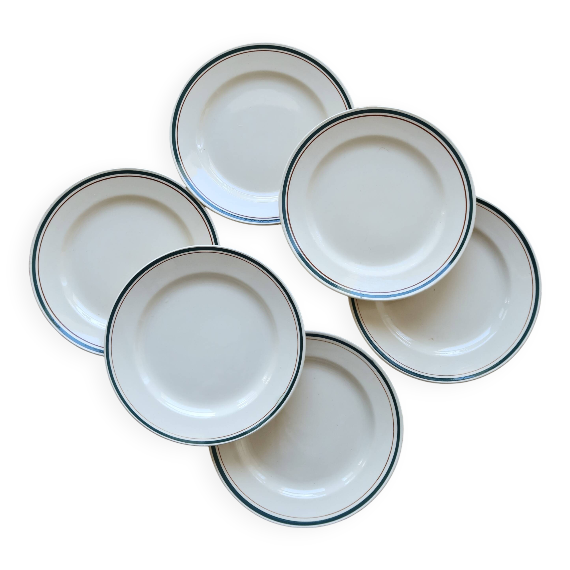 6 assiettes à dessert vintage faïence beige double liseré multicolore