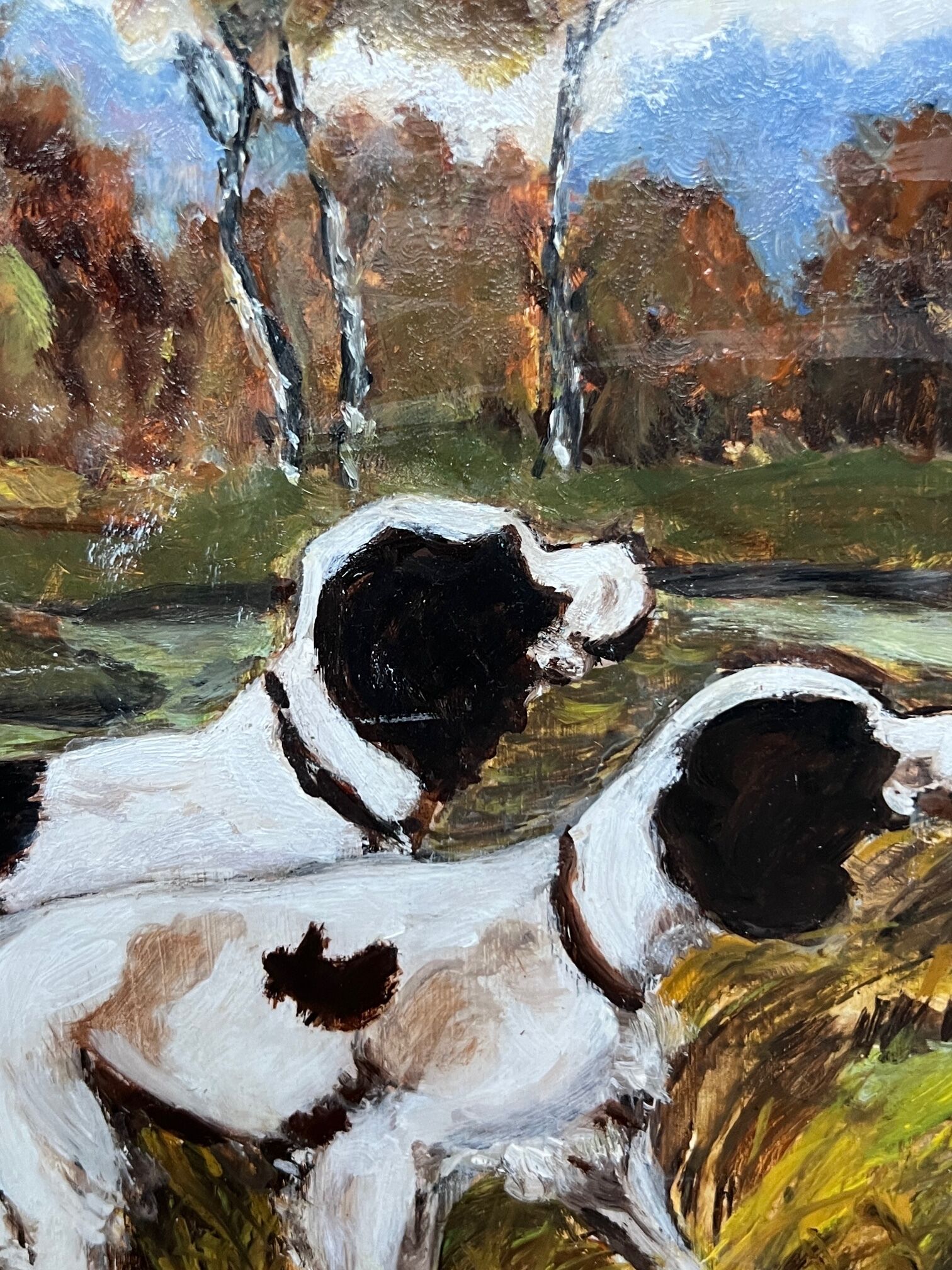 "Dogs on the hunt". Signature. Oil on panel.