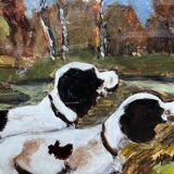"Dogs on the hunt". Signature. Oil on panel.