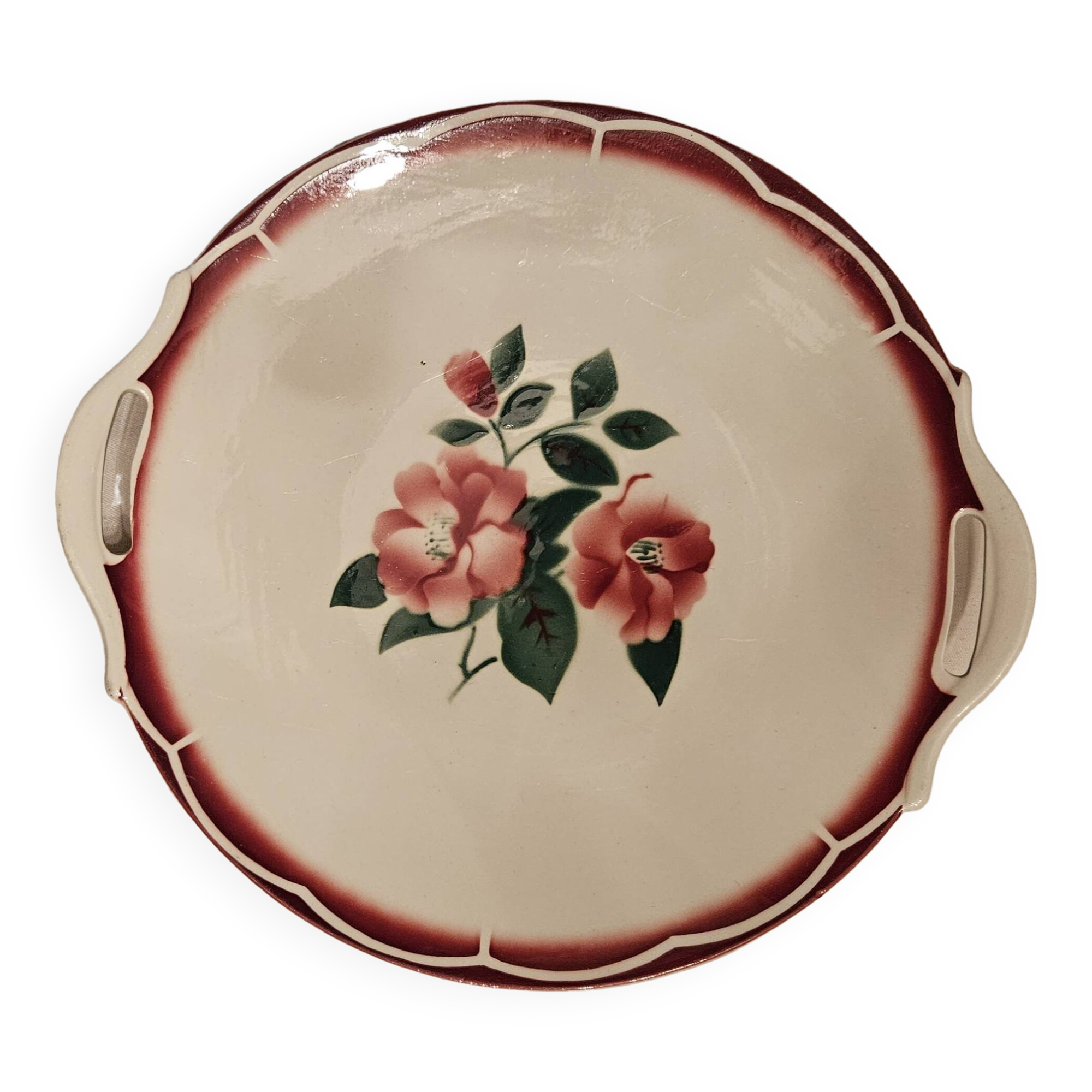 Plat à tarte en faïence vintage à decor de fleurs rouges