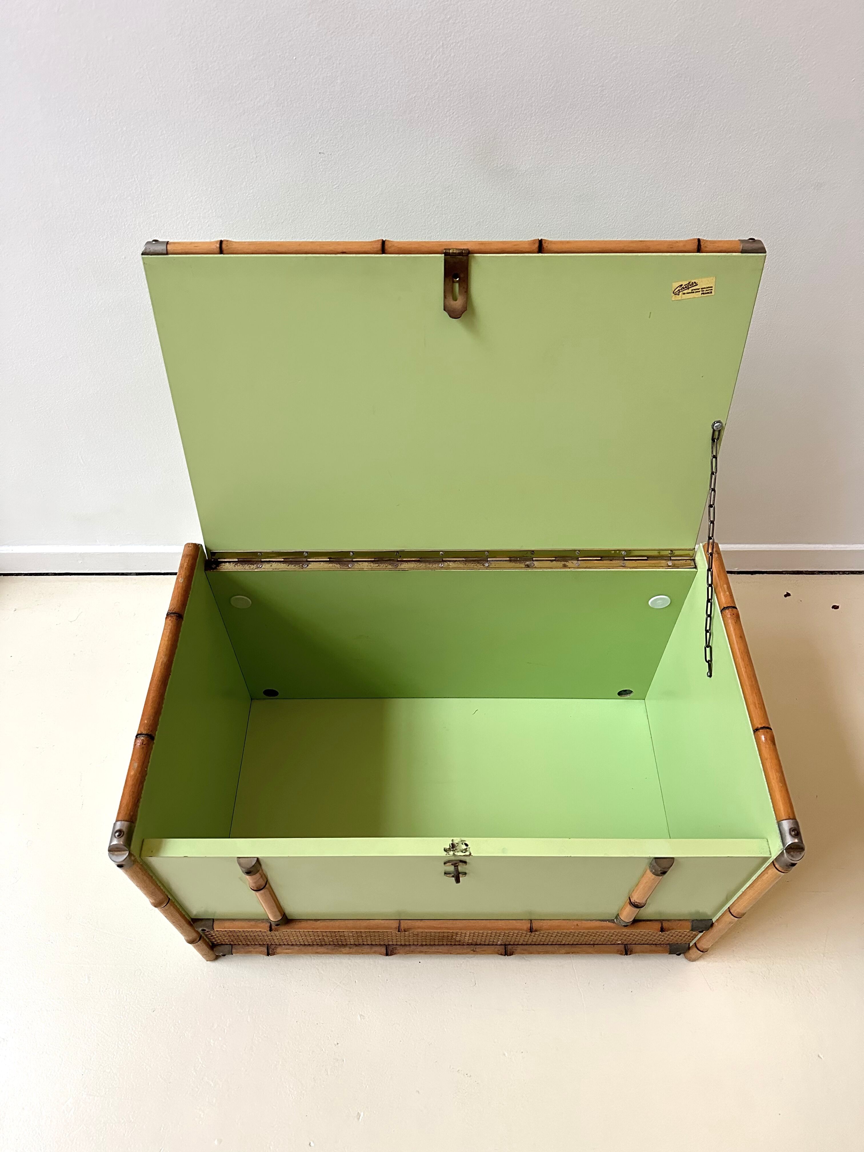 Gautier wooden, rattan and bamboo chest, 70s-80s