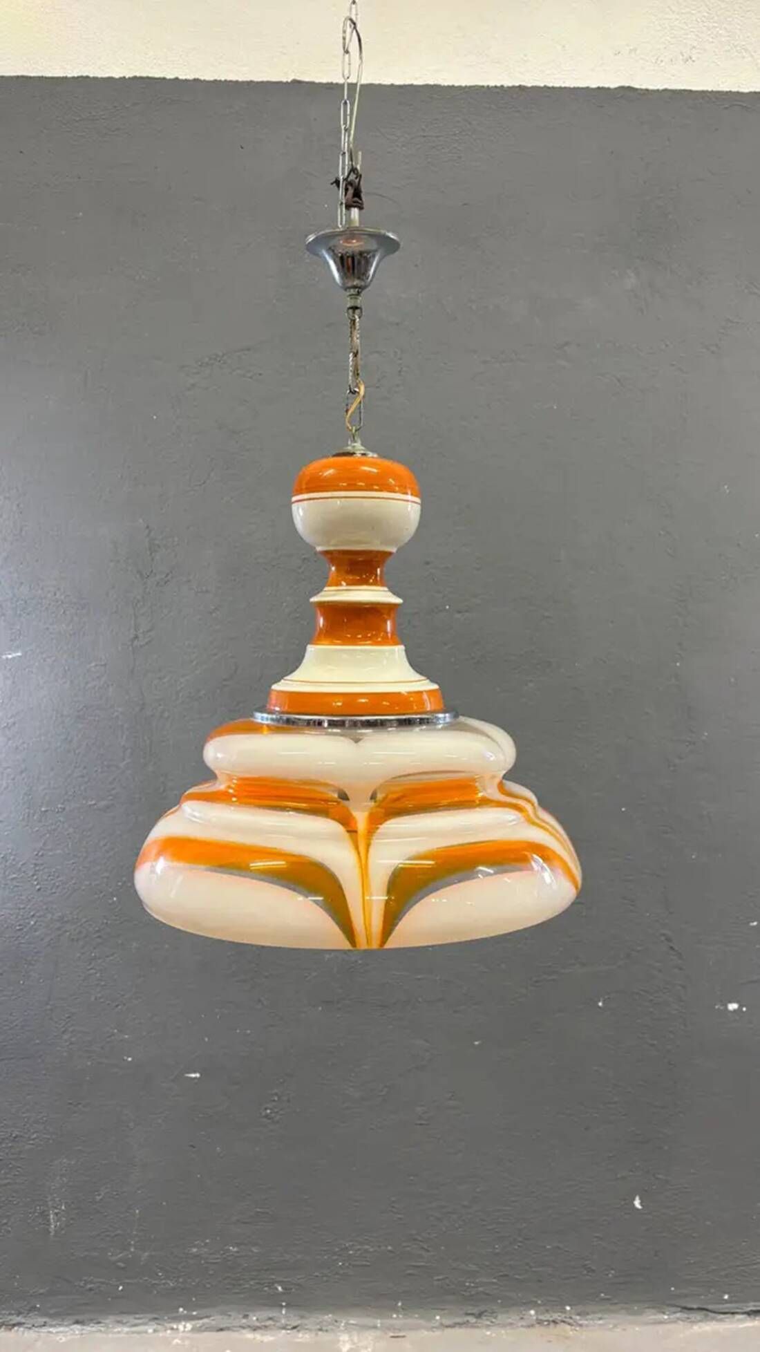 Italian art glass pendant lamp orange & white hand-blown chandelier, 1970s