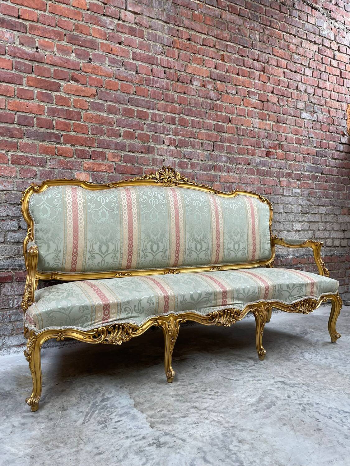 Antique Louis XV Style Gilded Sofa with Gobelin Upholstery