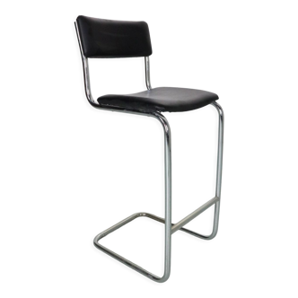 Set of 2 Mid- century modern black faux leather& chrome high bar stool, 1970 italy