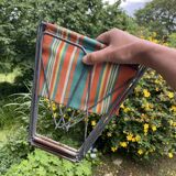 Vintage camping folding stool, striped canvas