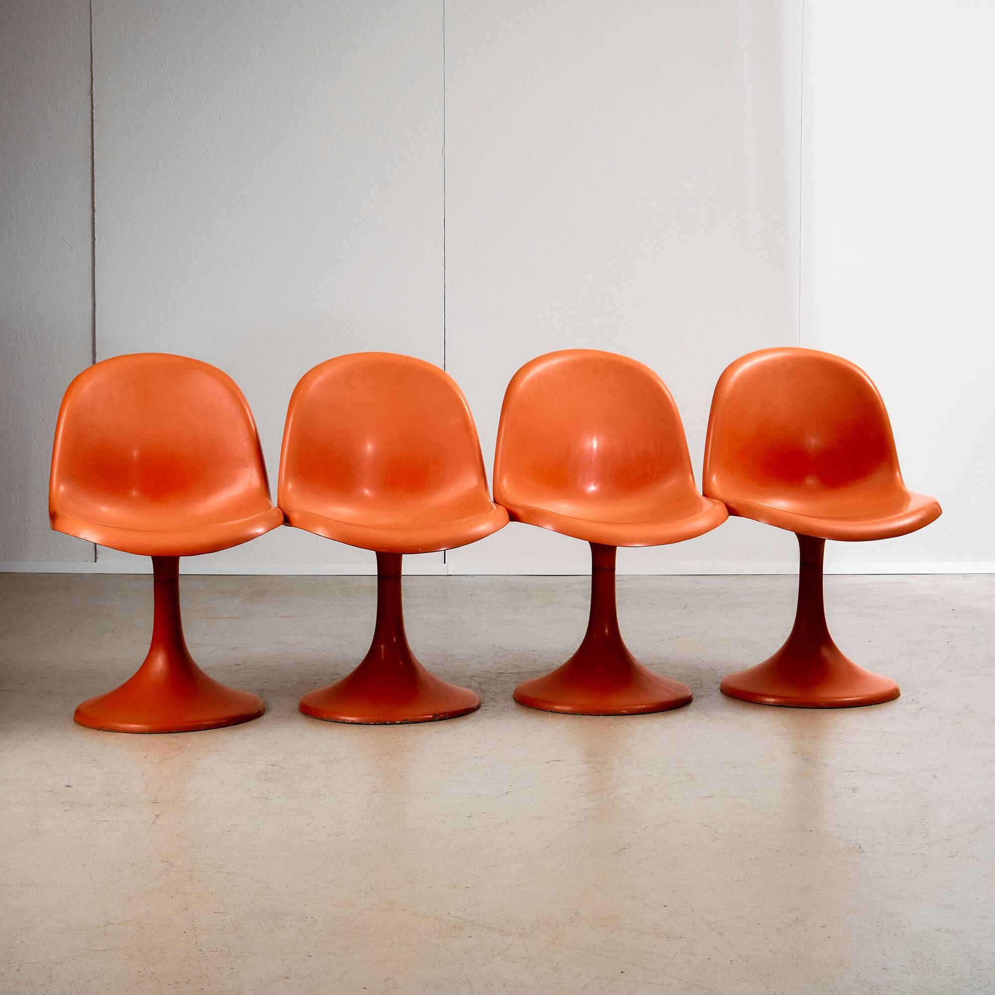 Set of Single-base Orange Molded Chairs, 1970s