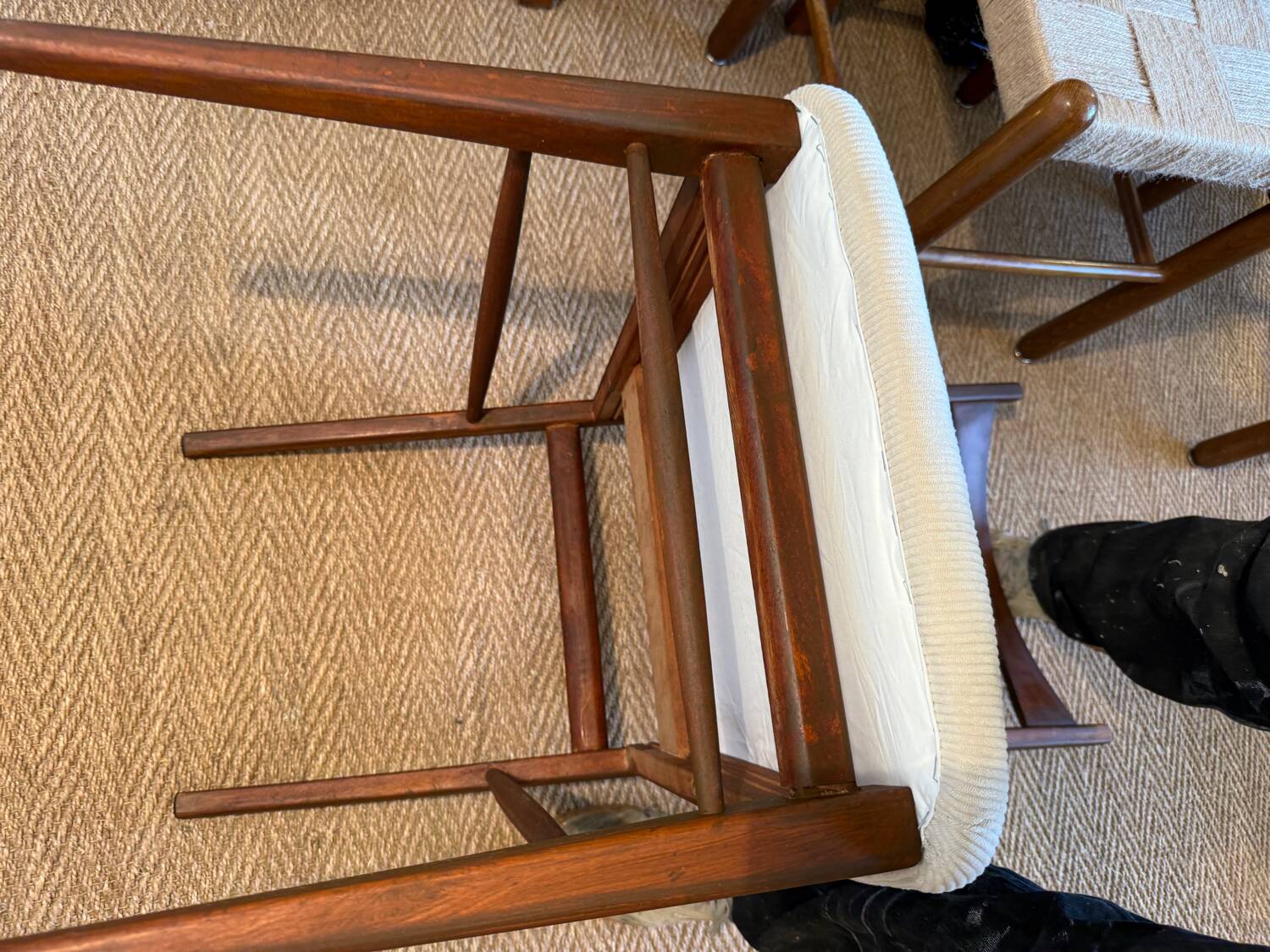 Pair of vintage wood and corduroy chairs