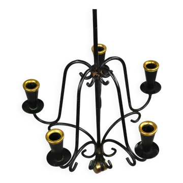 Black Painted Metal Chandelier with Copper Detailing – Gunnar Ander for Ystad-Metall, Sweden, 1950s