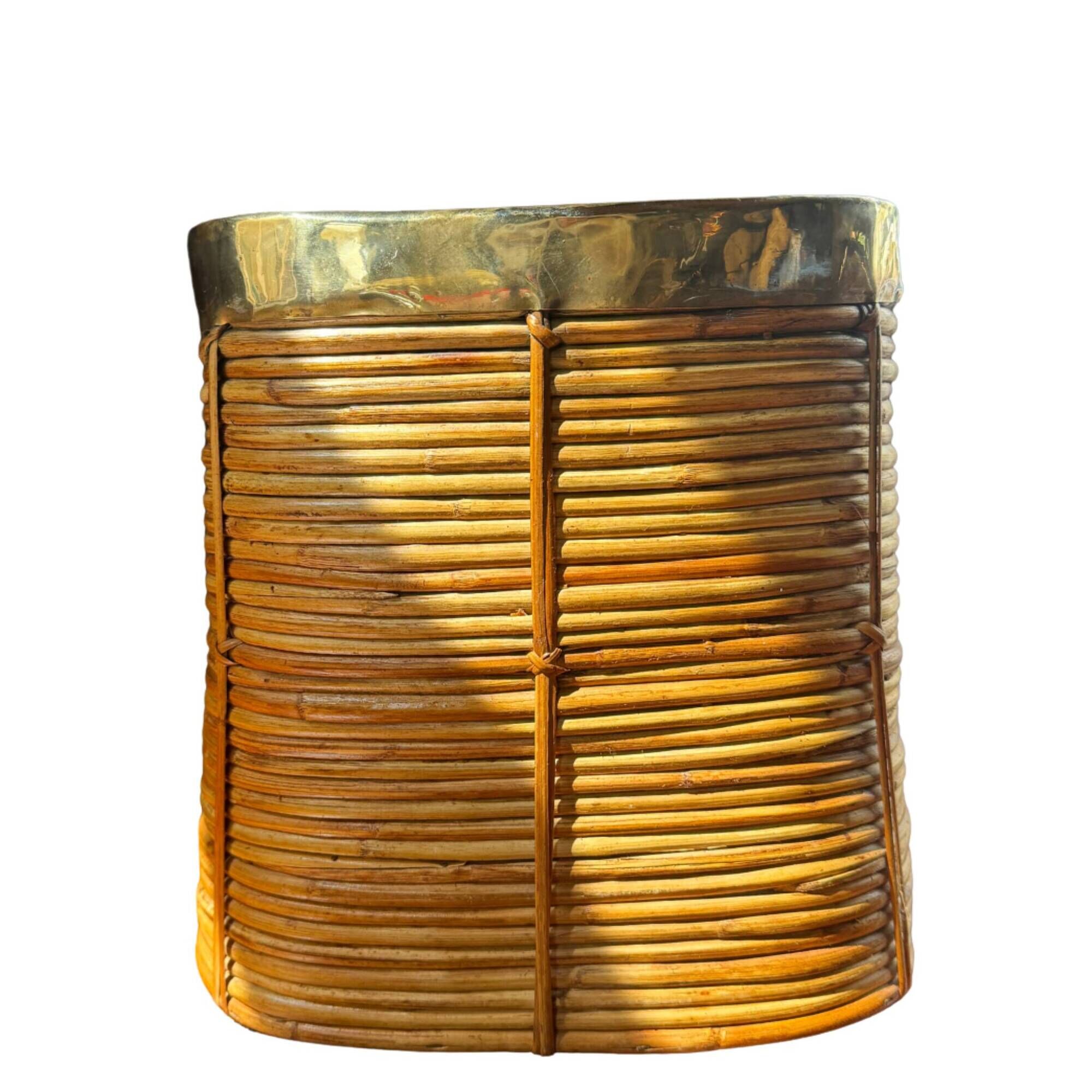Rattan & Brass Wastepaper Basket | Italy 1970s