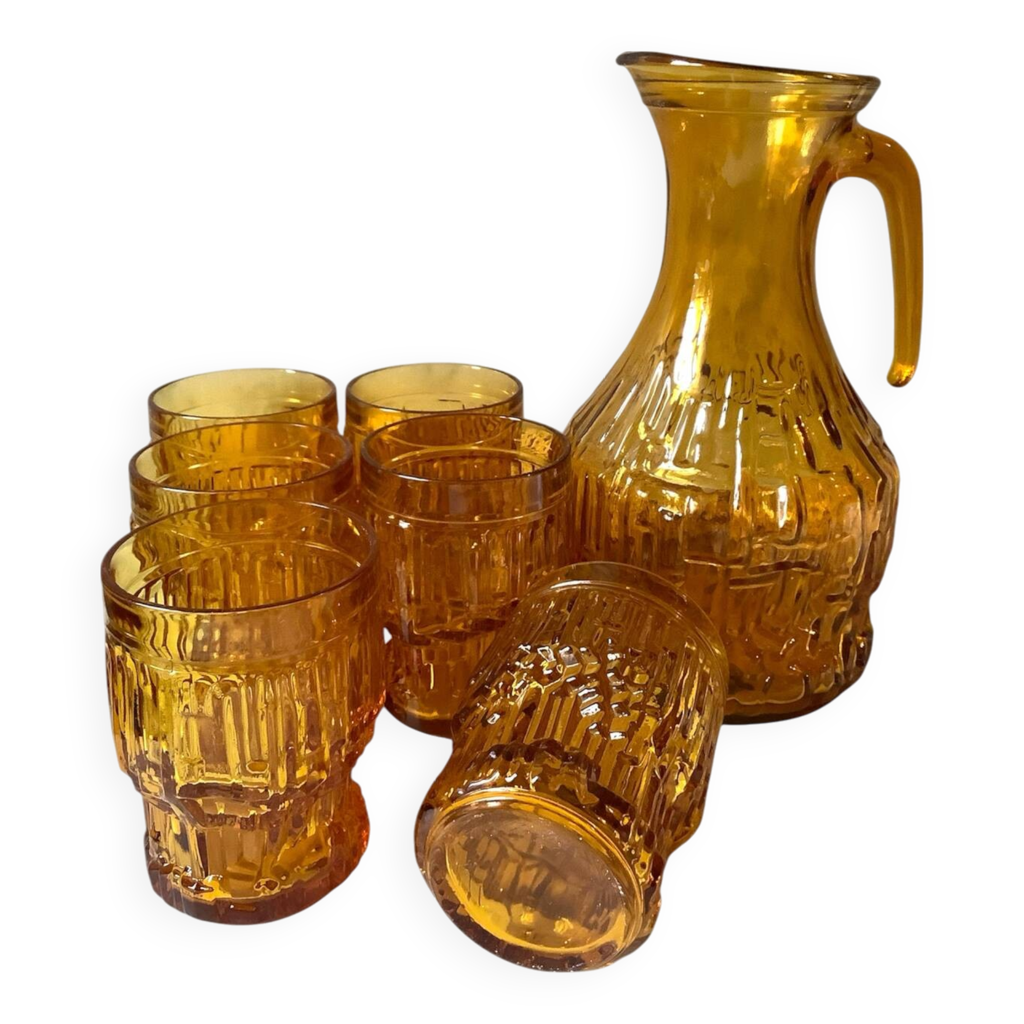 Vintage amber glass glasses and carafe set