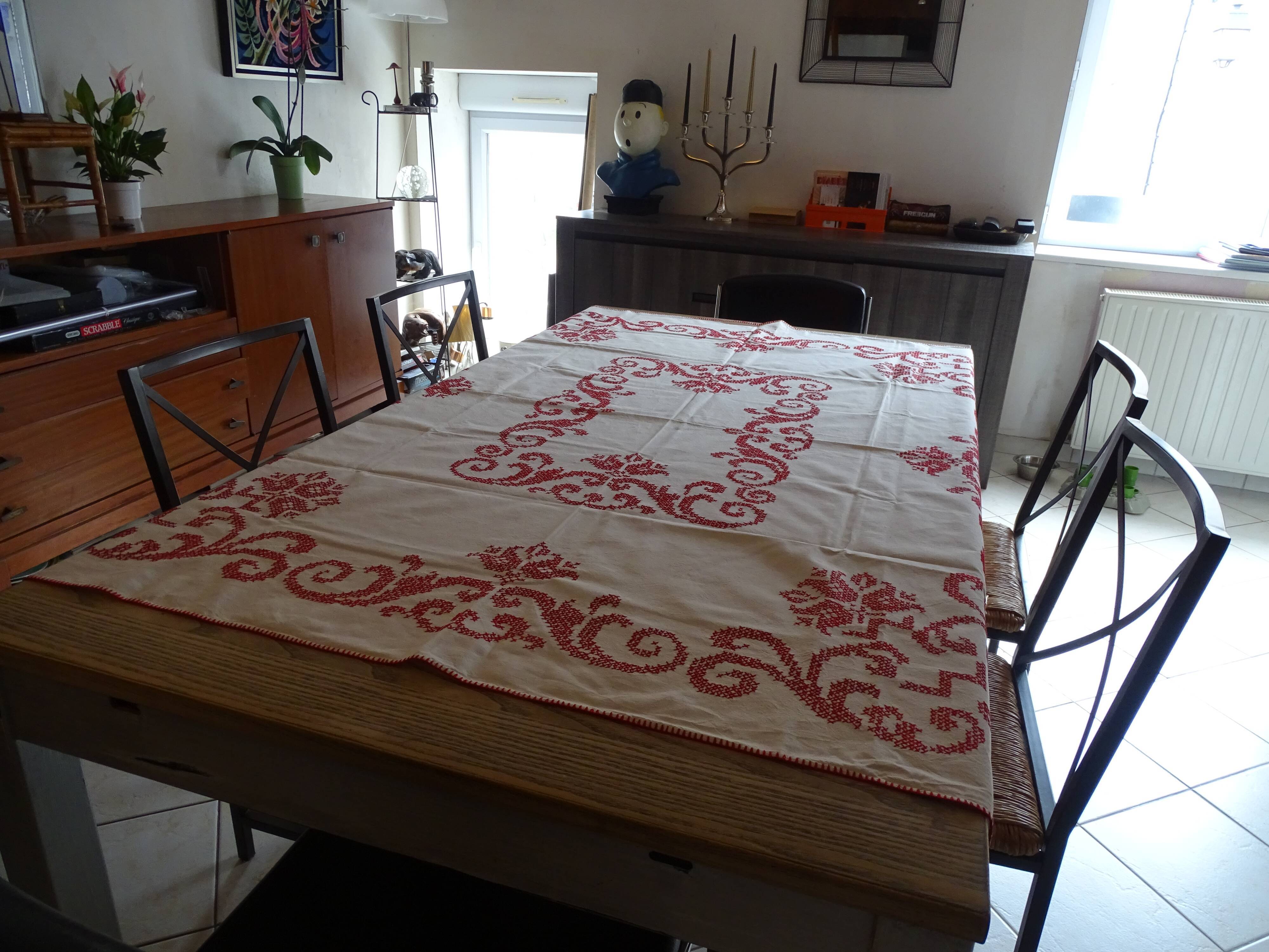 Cross-stitch embroidered tablecloth 160 x 130 in cotton