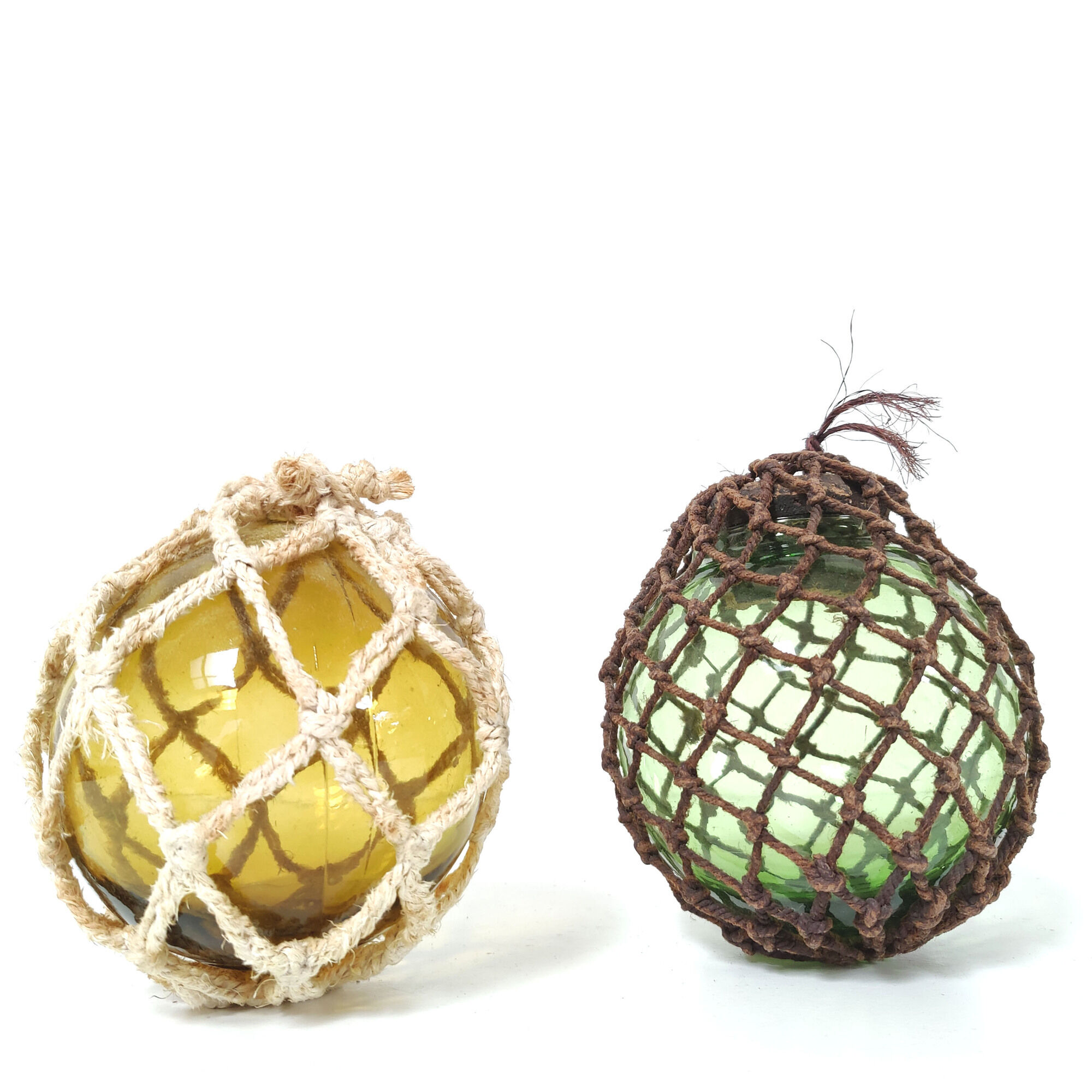 Set of 2 marine floats yellow and green ball glass and rope