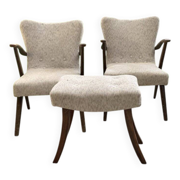Ensemble Art Déco 1940 - 2 chaises de bridge et un tabouret marron, en bois et tissu.