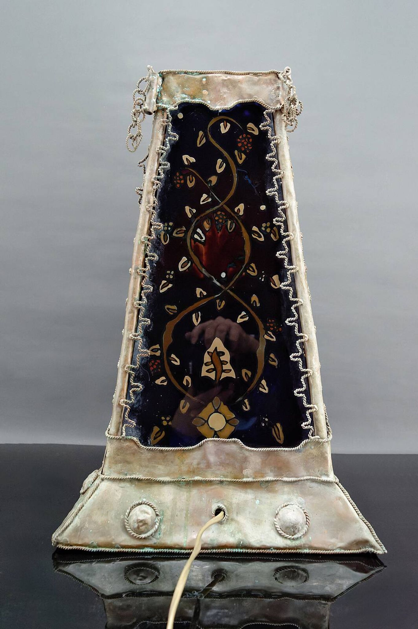 Moorish style lamp in patinated copper and painted glass, France, Mid-Century