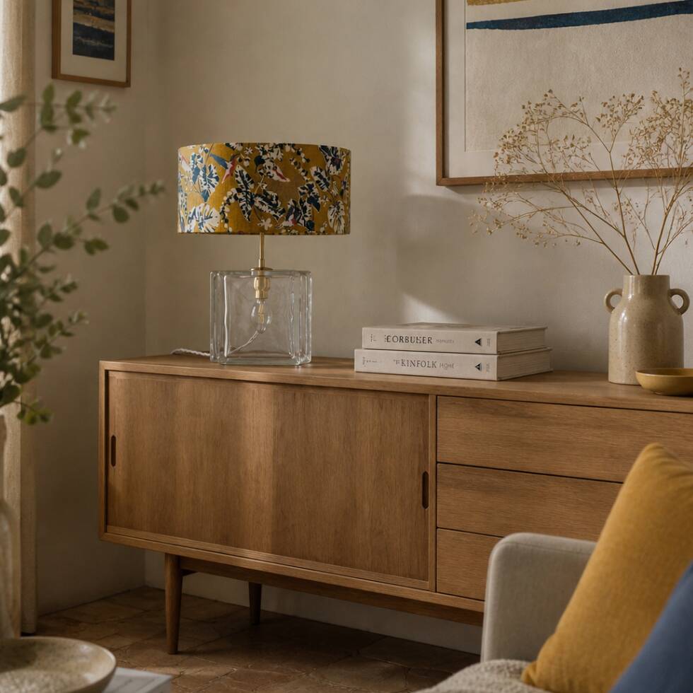 Lampe vintage en pavé de verre et abat-jour fleuri moutarde