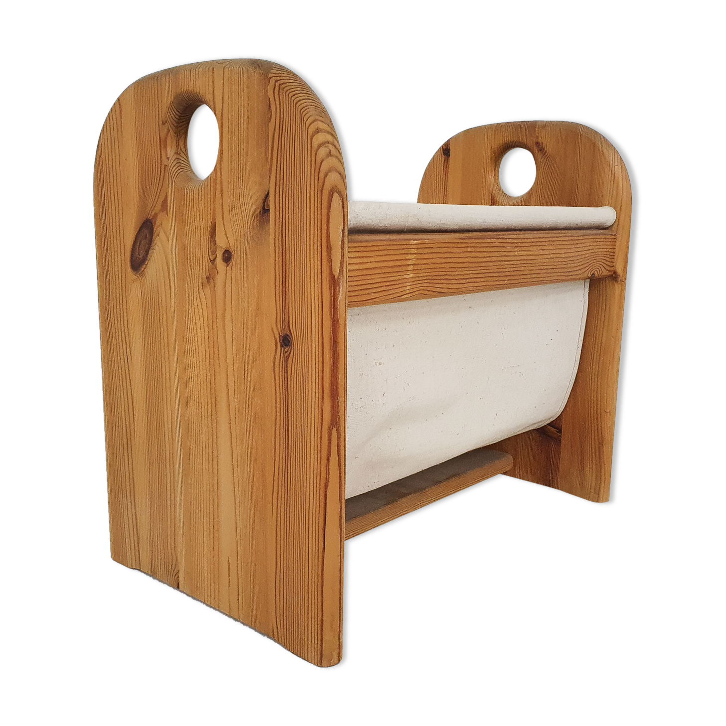 Scandinavian modern Pinewood and linnen magazine stand, Denmark 1970's