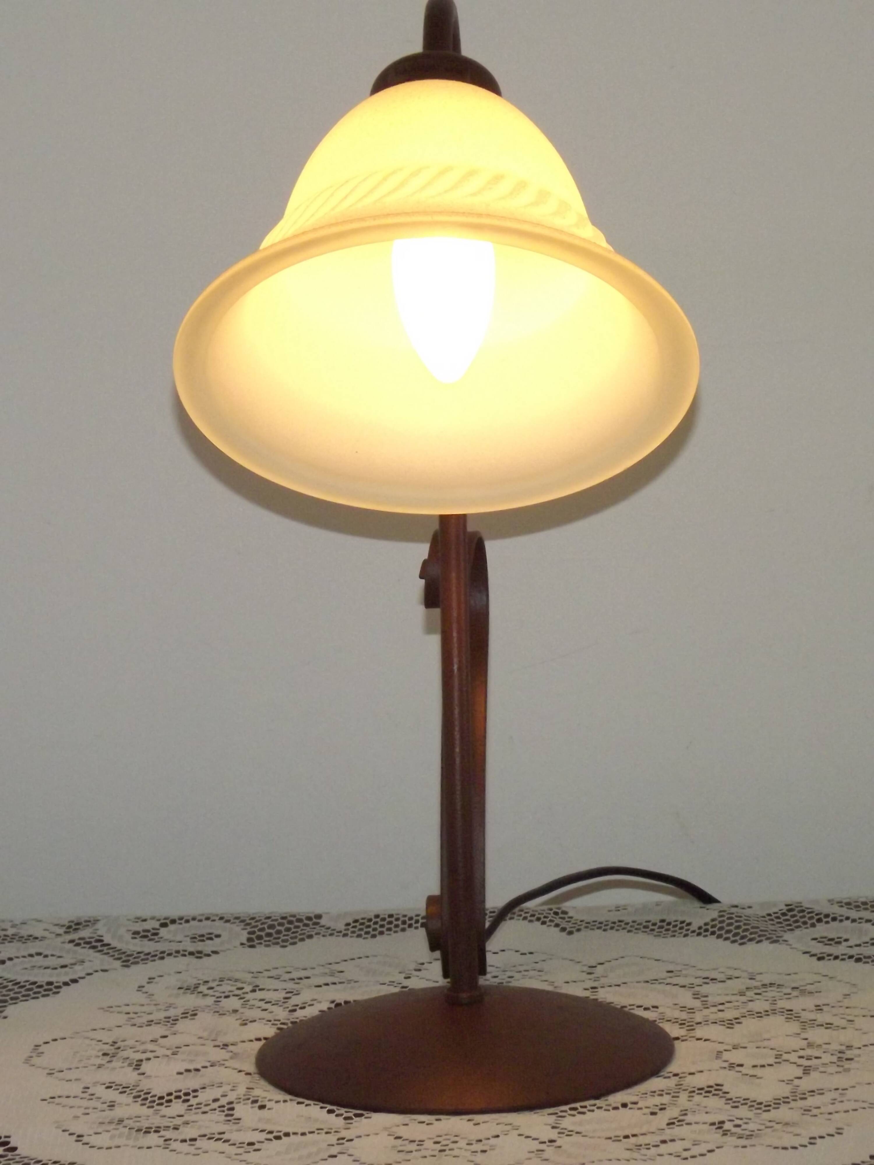 Vintage French Brown Metal Goose Neck Lamp With Textured Glass Shade