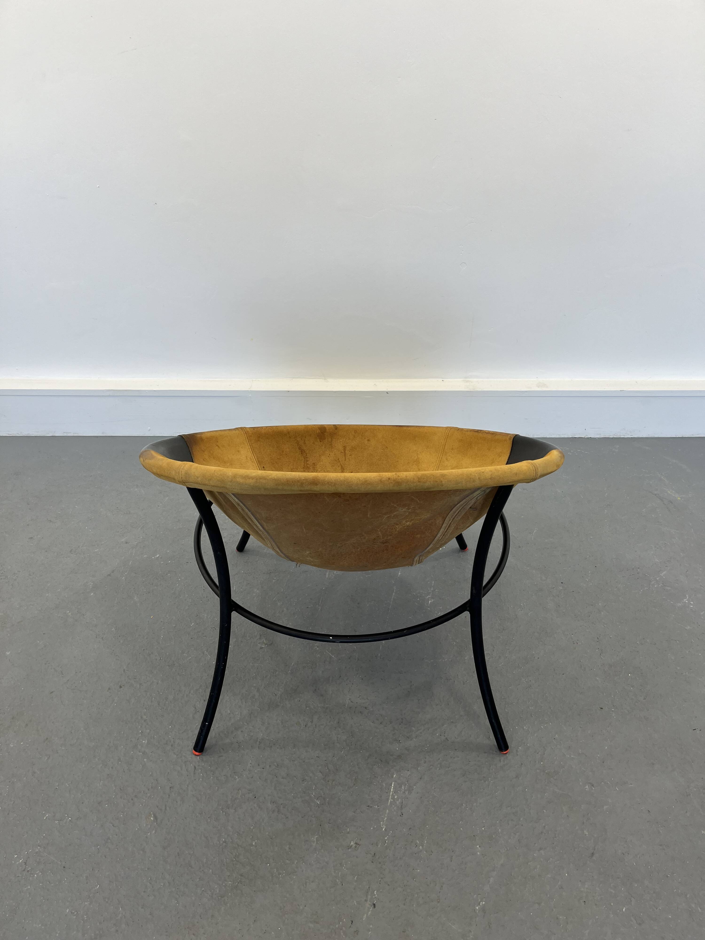 Italian Tan Suede and Black Leather Saucer Chair