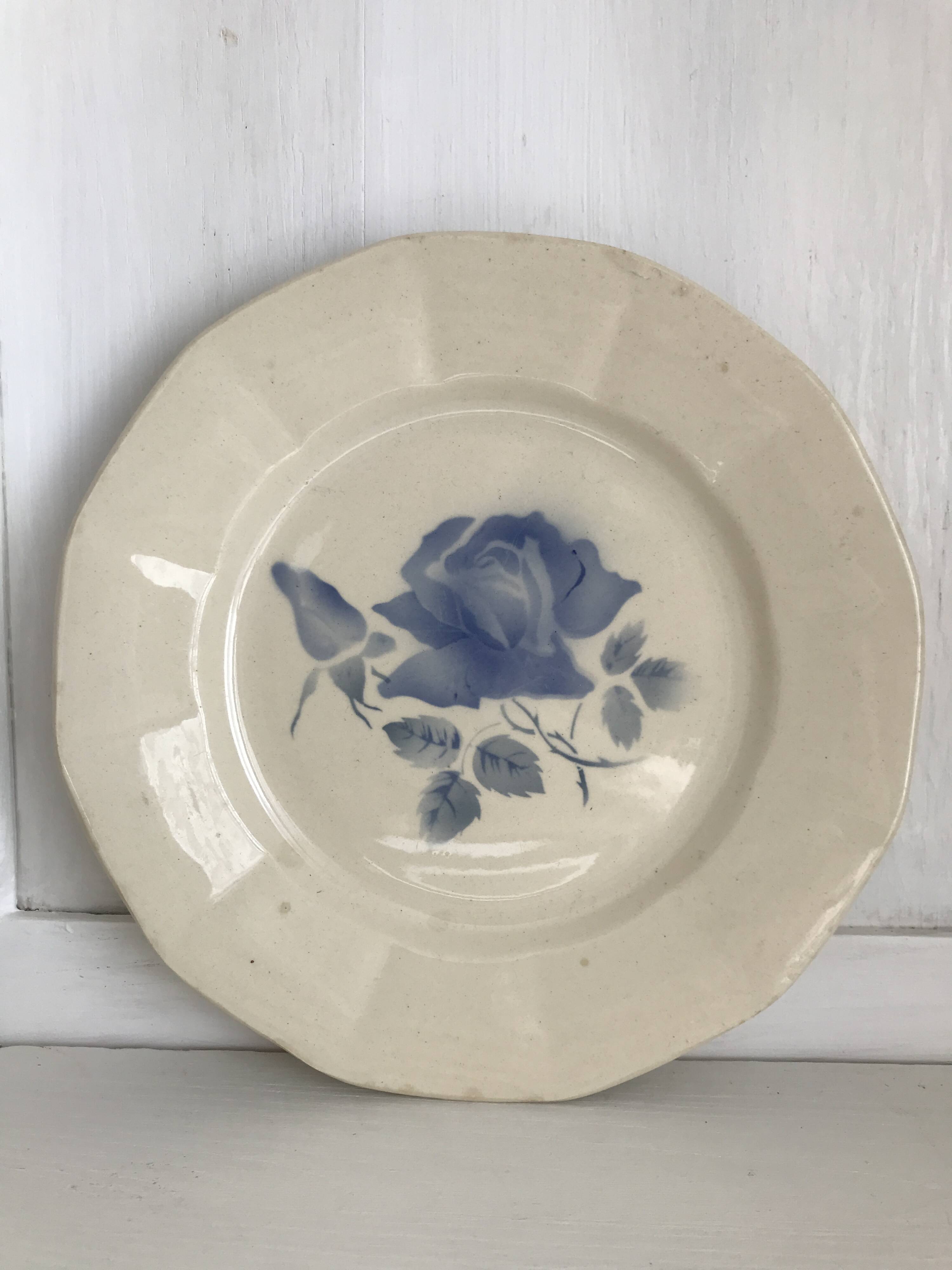 Set of 11 Digoin flat plates, blue rose patterns