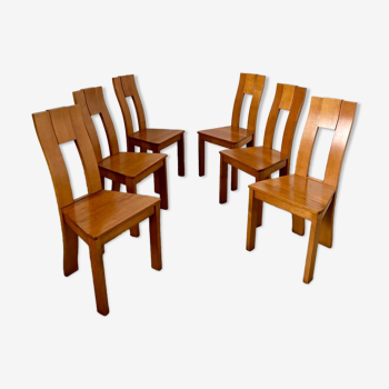 Ensemble 6 chaises orme massif design années 70 Seltz vintage