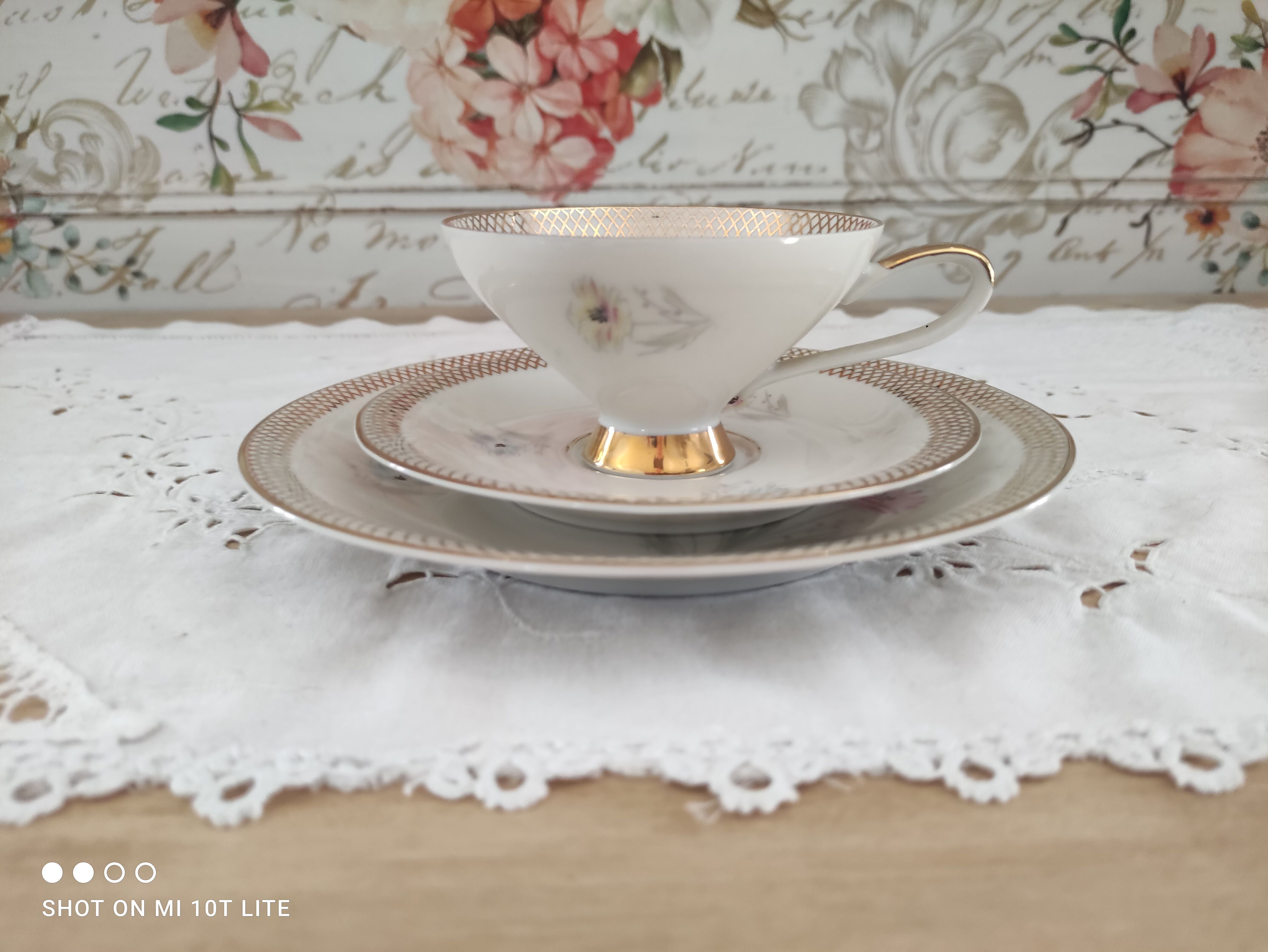 Solitaire en porcelaine Bavaria décor floral croisillons Trio tasse, sous-tasse assiette à dessert