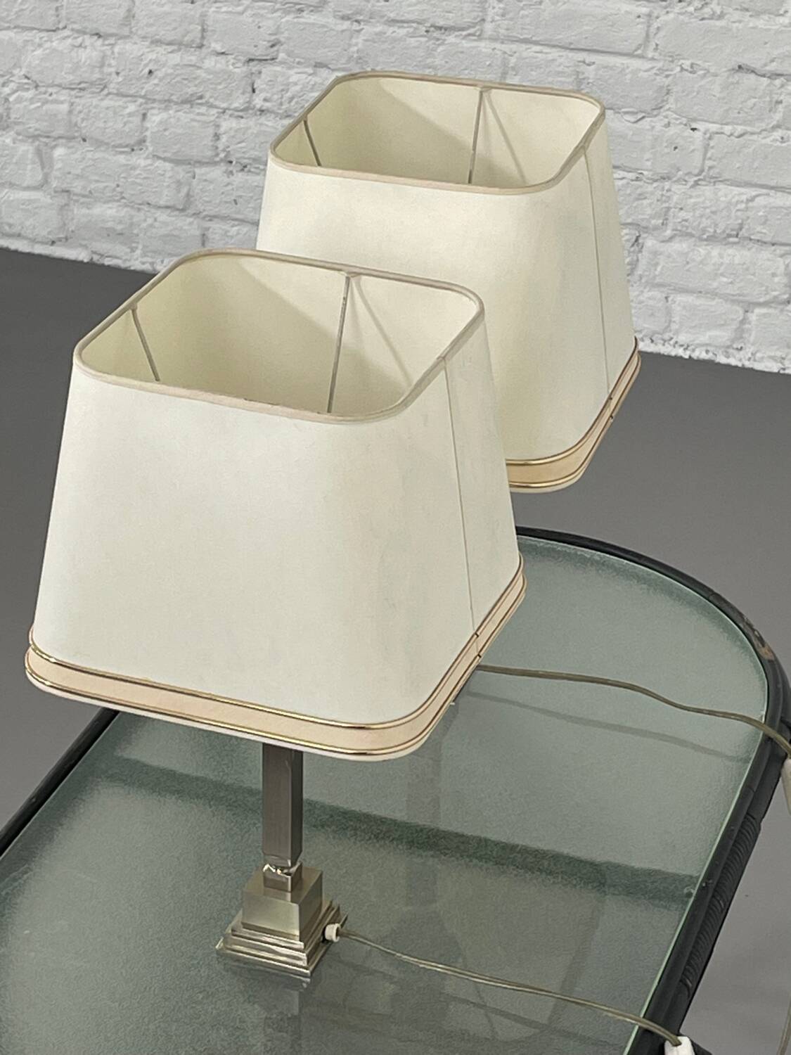 Pair of chrome and brushed metal lamps