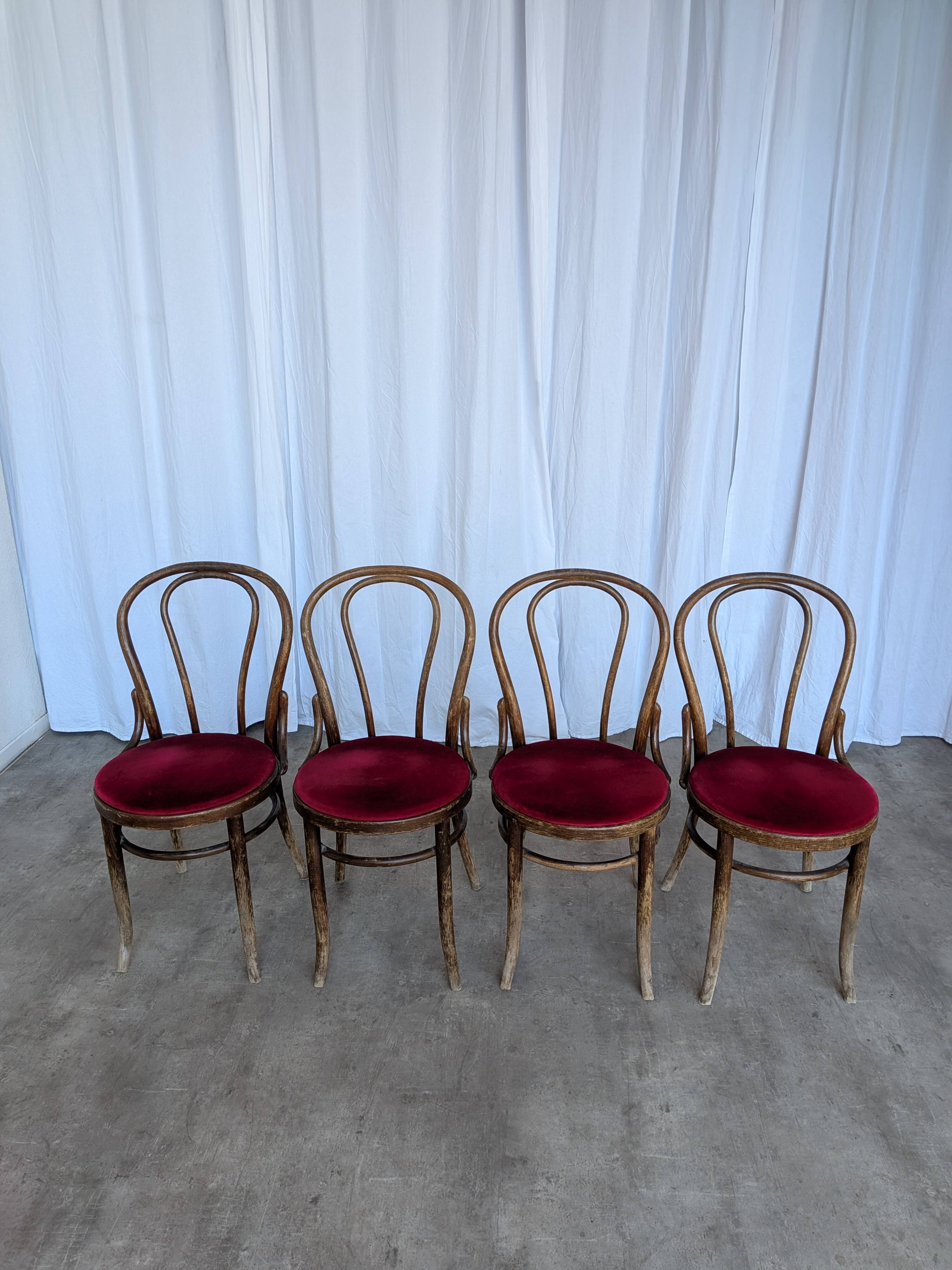 Set of 4 Vintage Bentwood Bistro Chairs, Red Upholstery