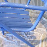 1950s garden armchair in wood and ultramarine blue metal