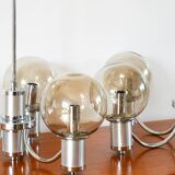 Five-branched chandelier, in chrome and smoked glass globes, Design, 1970