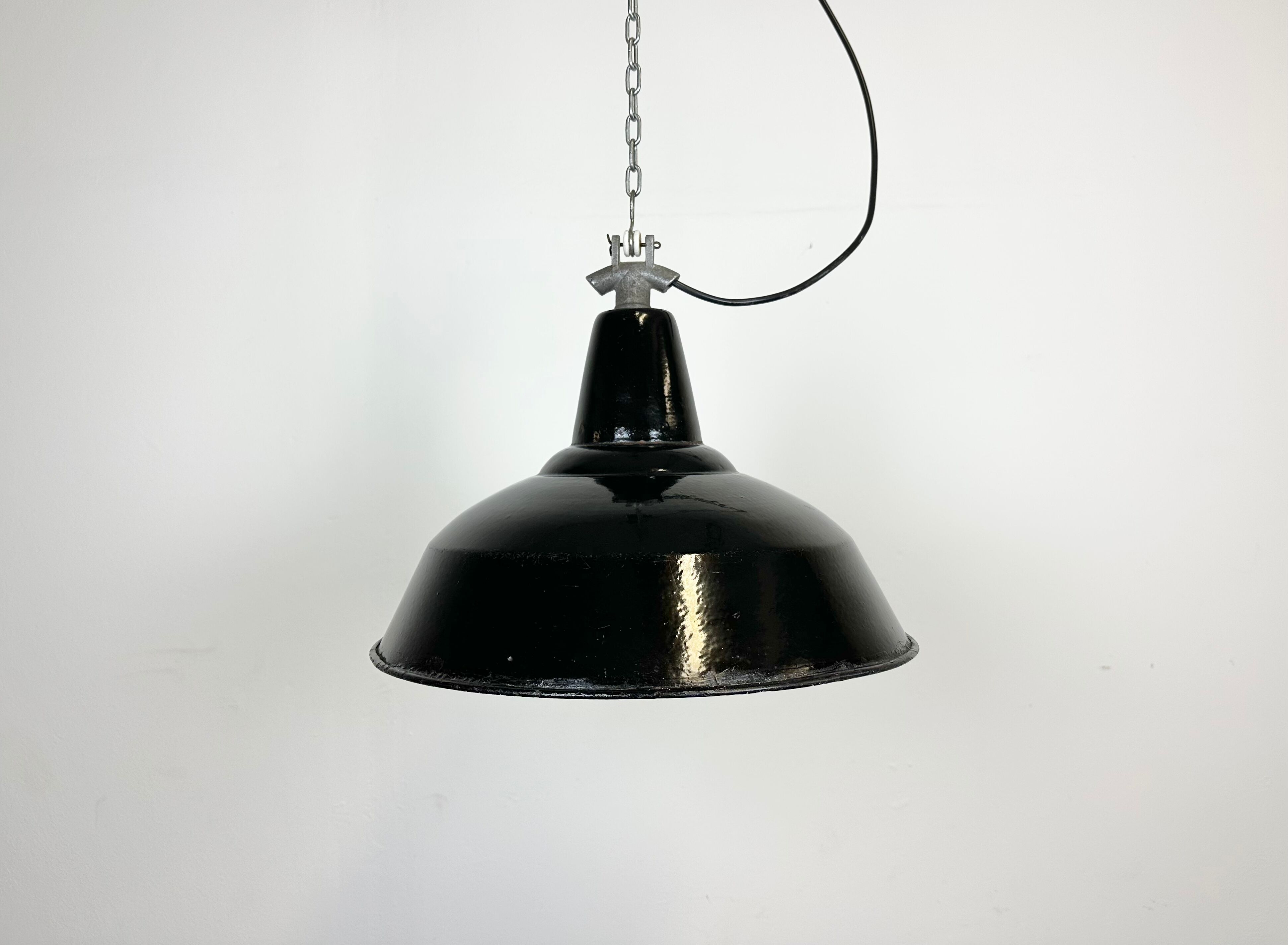 Industrial Black Enamel Factory Lamp with Cast Iron Top, 1960s
