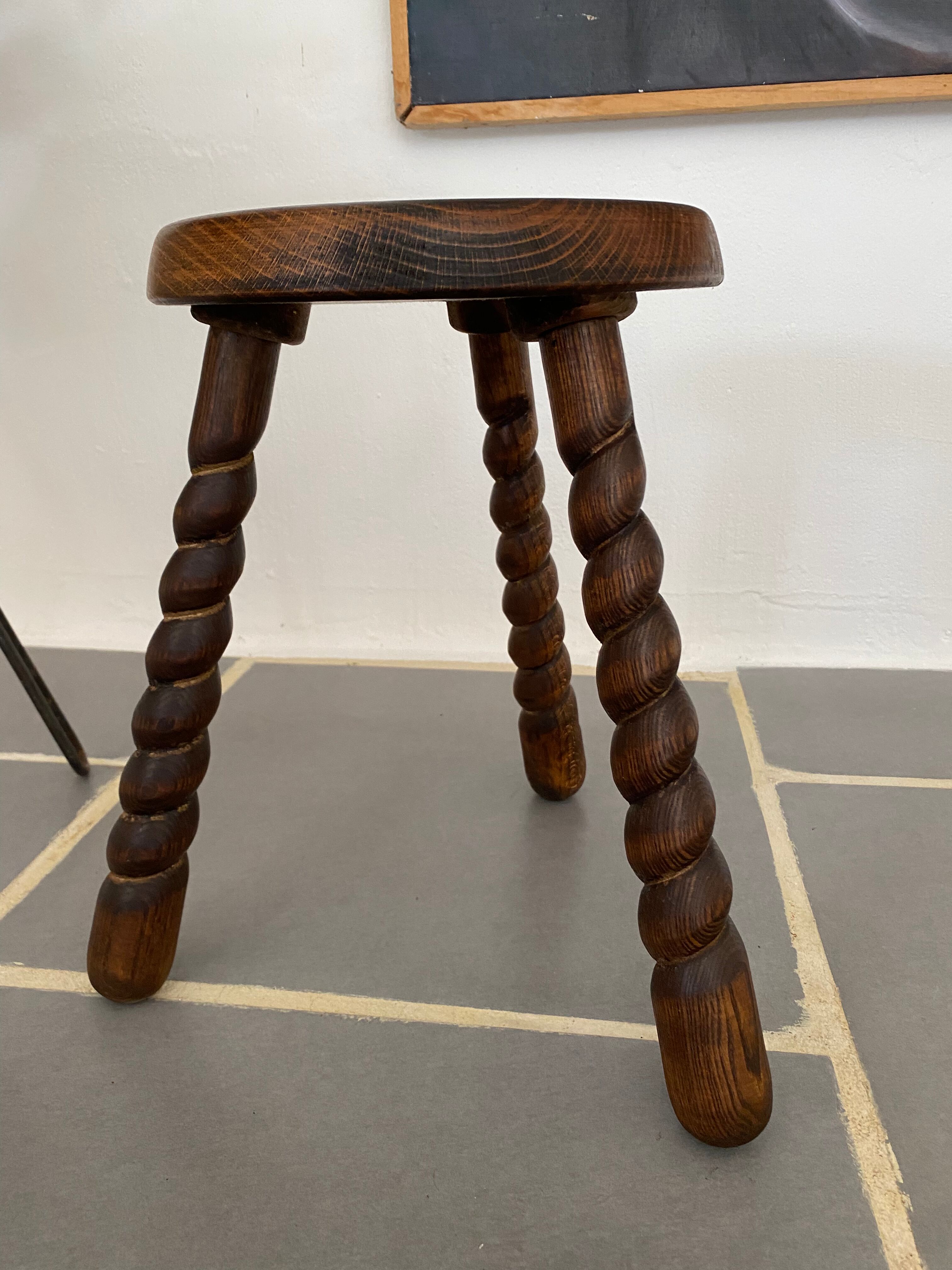 Vintage wood tripod stool turned
