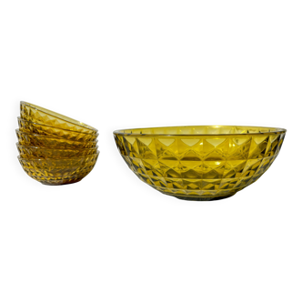 Service à dessert en verre ambré vintage – 1 saladier + 5 coupes assorties