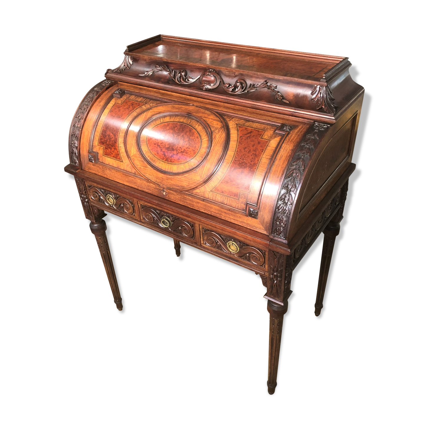 Old louis XVI style cylinder office Scriban Secretary in solid wood and marquetry