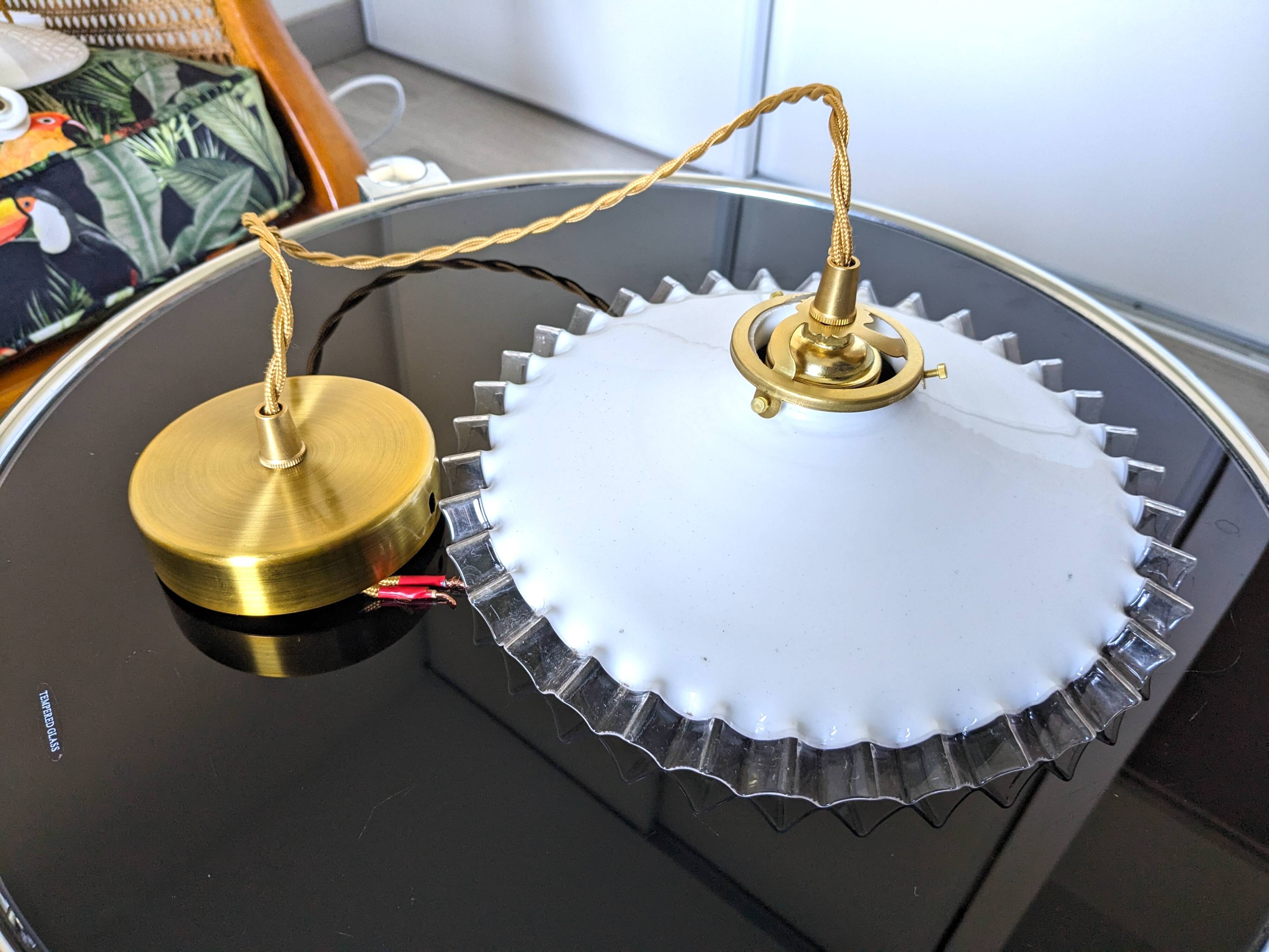 Vintage suspension in lace opaline, elegant light fixture with soft light.