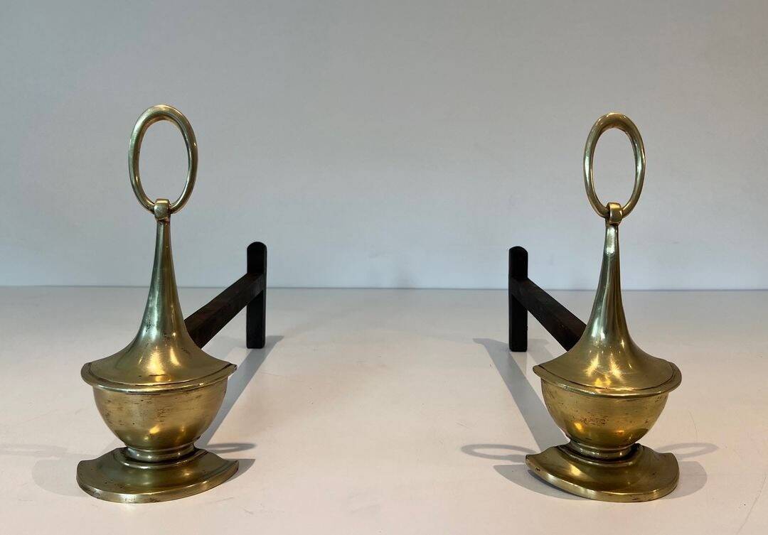Pair of Bronze Chenets in Neoclassical Style in the Form of an Oil Lamp