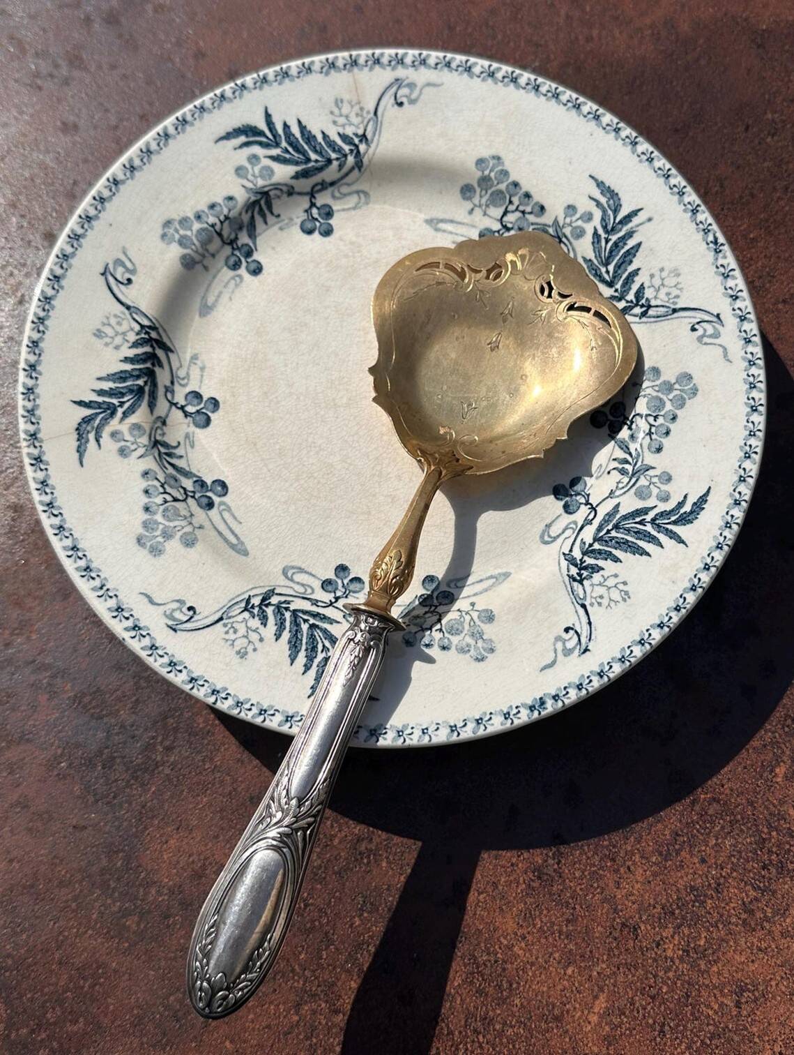 Antique Strawberry Spoon - Solid Silver & Vermeil - French Silversmithing