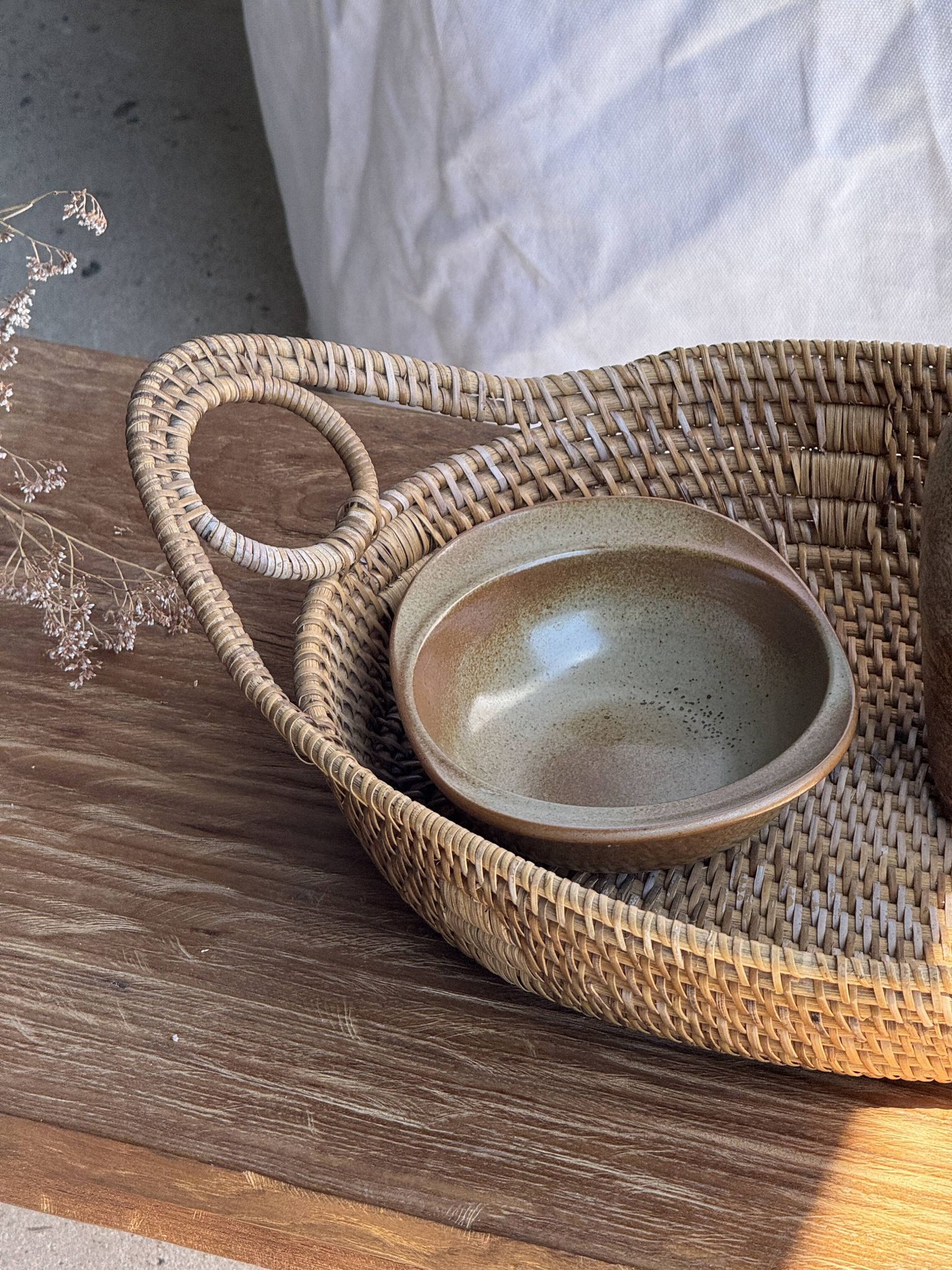Large flat oval woven rattan basket with handles, Indonesian L53x64