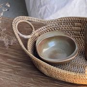 Large flat oval woven rattan basket with handles, Indonesian L53x64