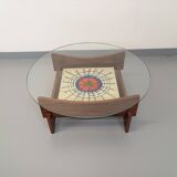 Vintage 60s-70s round coffee table with 2 shelves in glass and rosewood