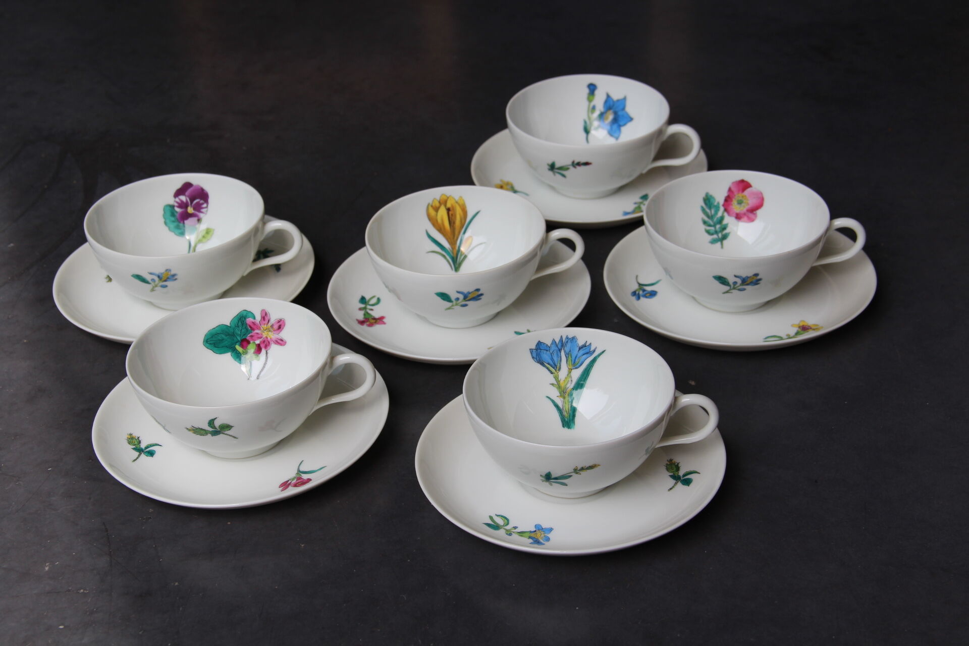 6 CUPS and undercups in NBD Limonges porcelain, hand illuminated, floral patterns