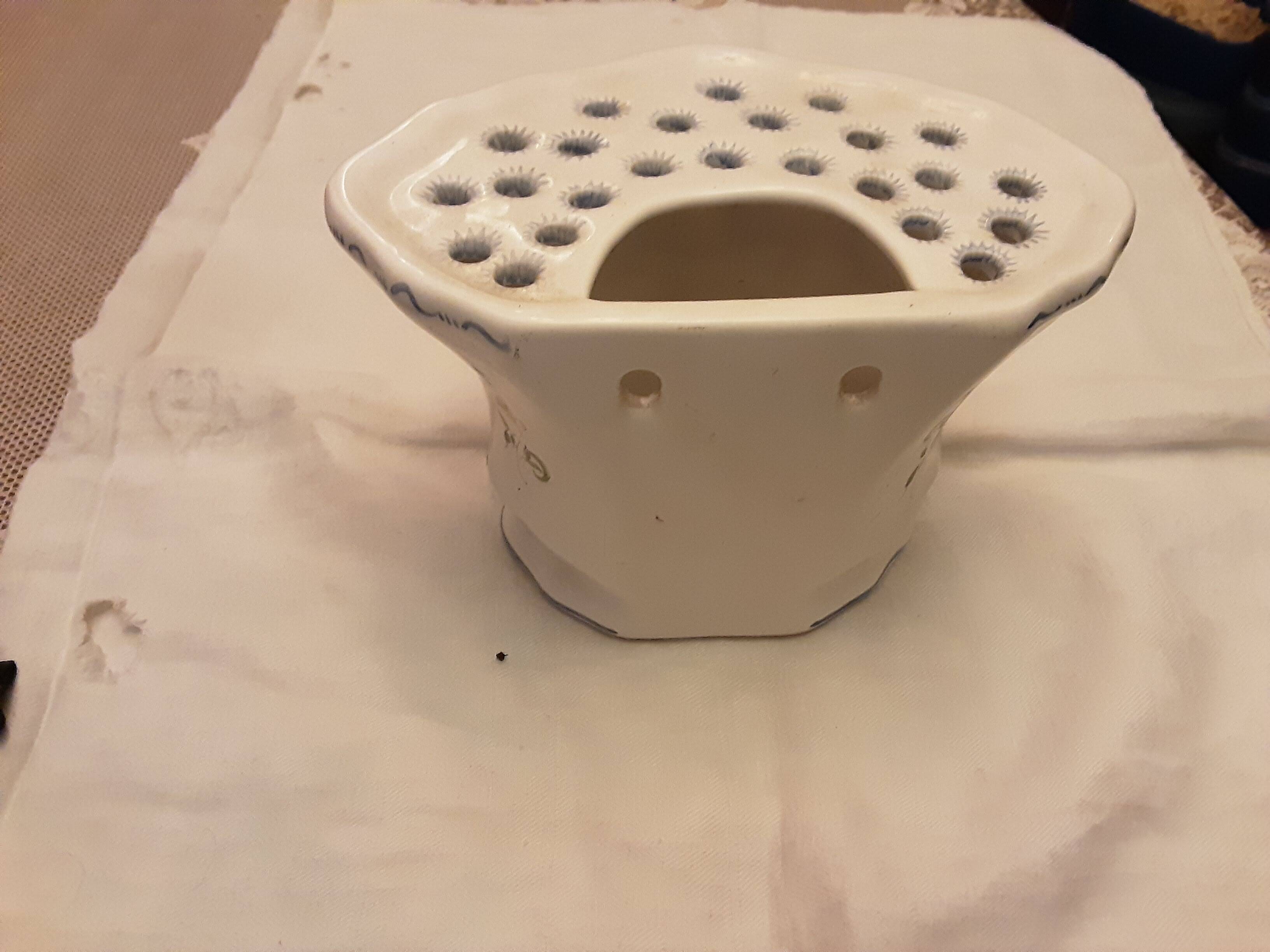 Handmade signed moustier pottery bouquet holder