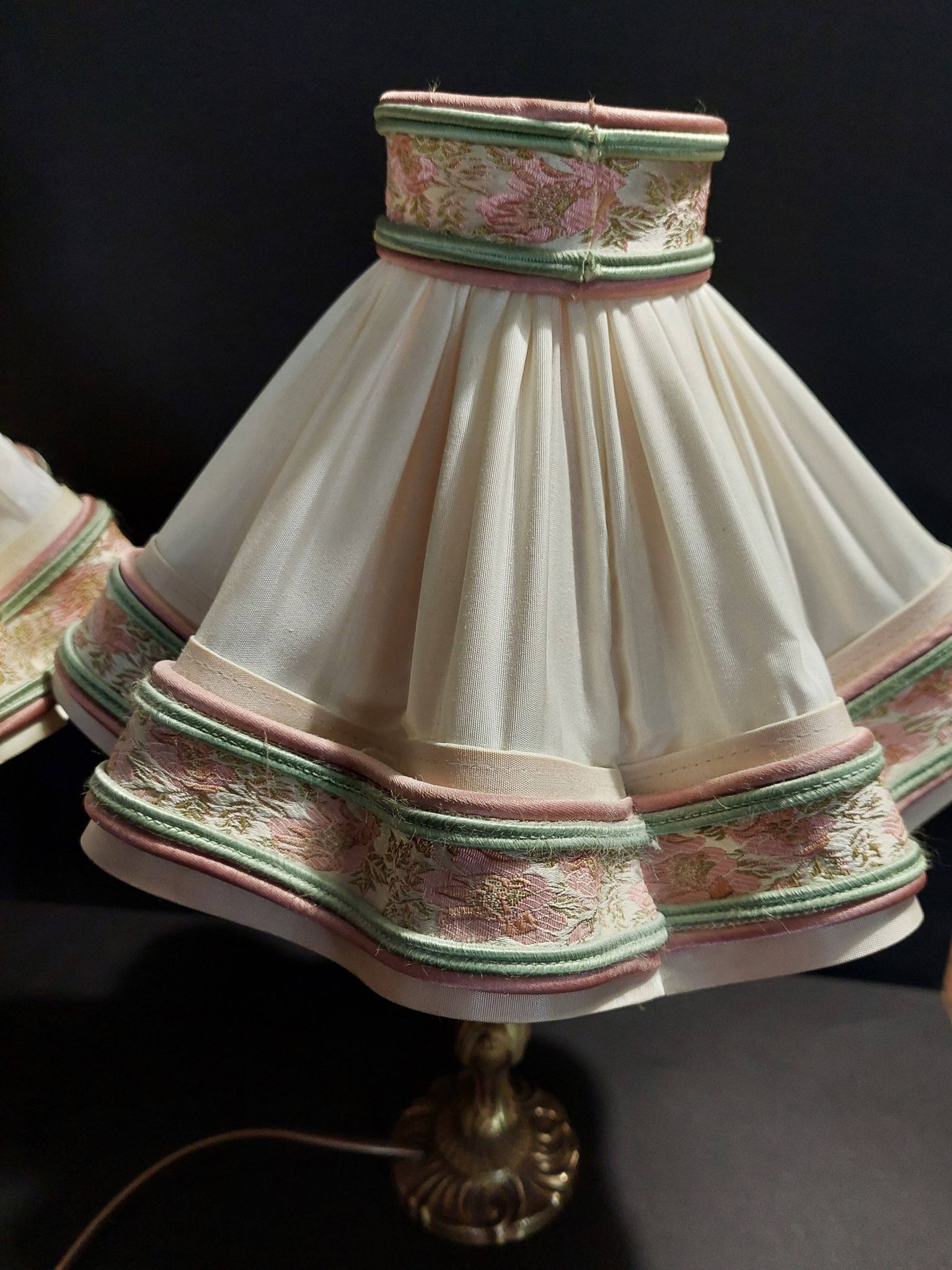 Pair of vintage bedside lamps with brass petticoat shades, 20th century