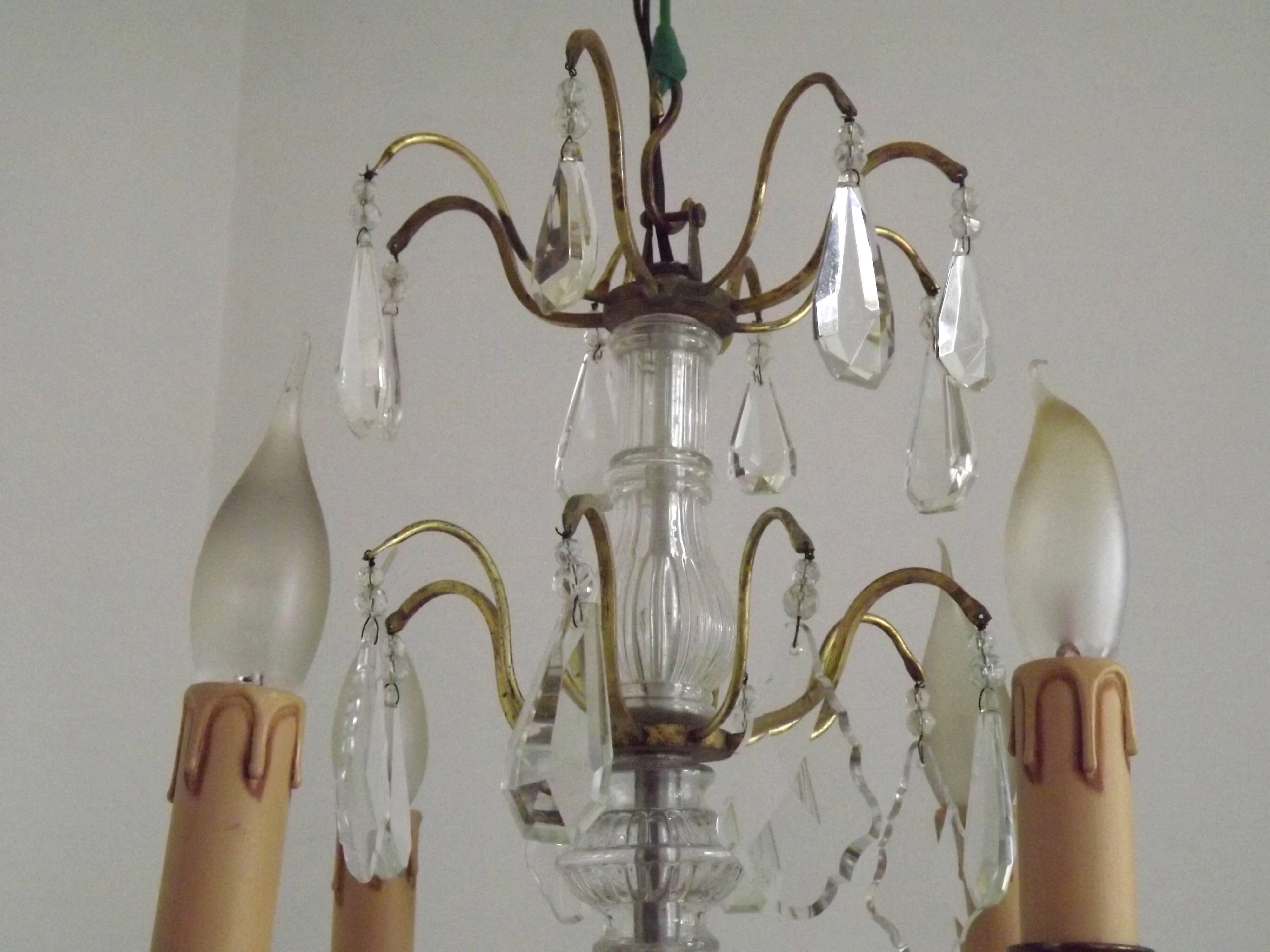 French vintage brass glass crystal 4 light chandelier with Murano droplets 4991