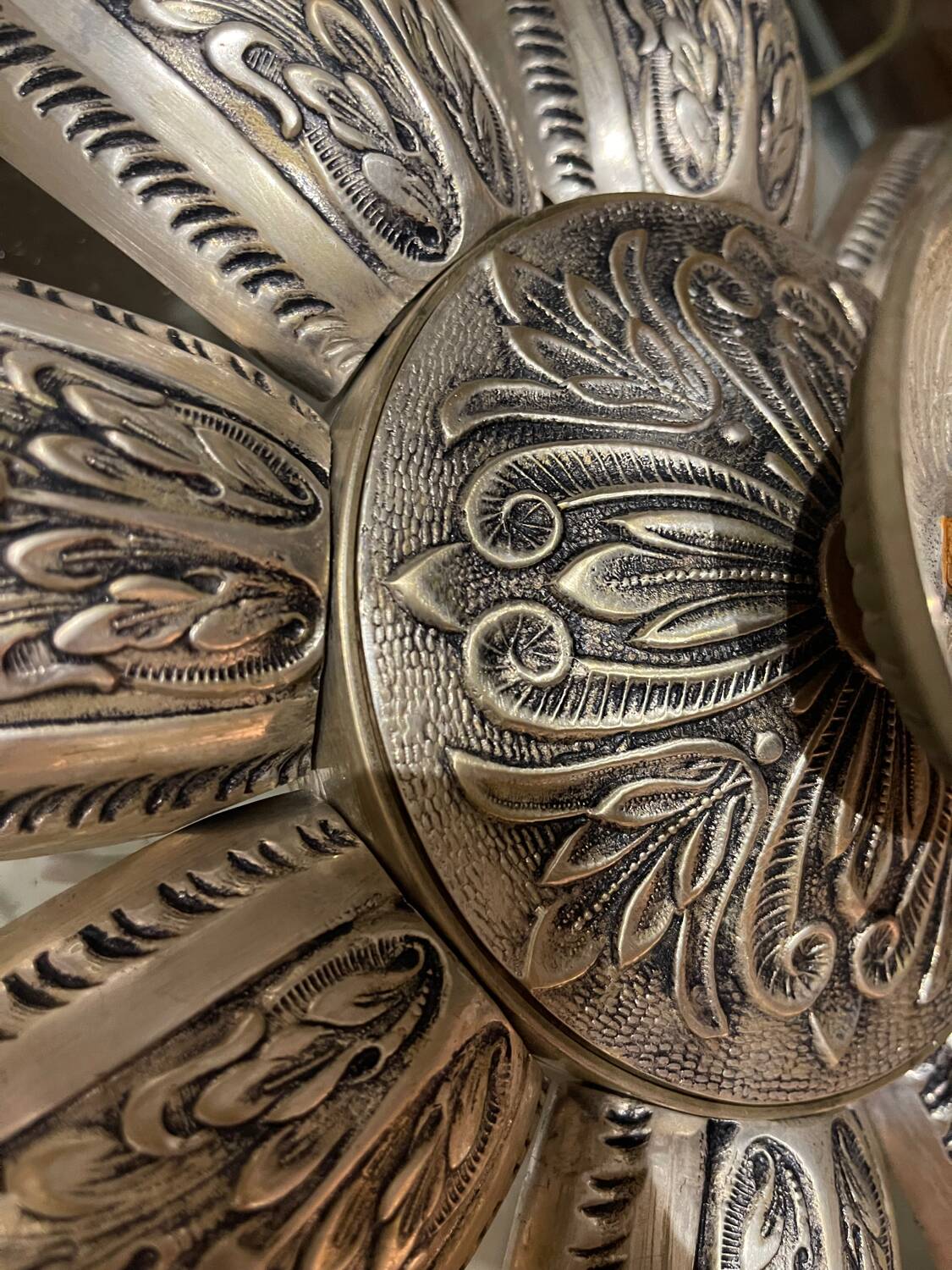 Art Deco ceiling light in bronze with 9 glass globes, France 1935