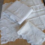 Ensemble ancien drap plat et 2 taies d'oreiller
