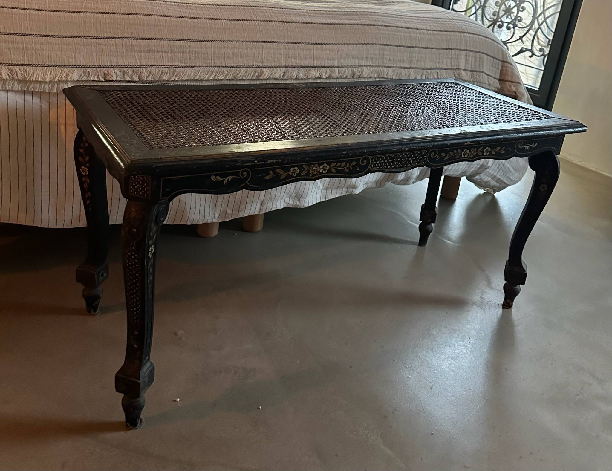 Antique black lacquered coffee table with caning – painted decoration – late 19th century
