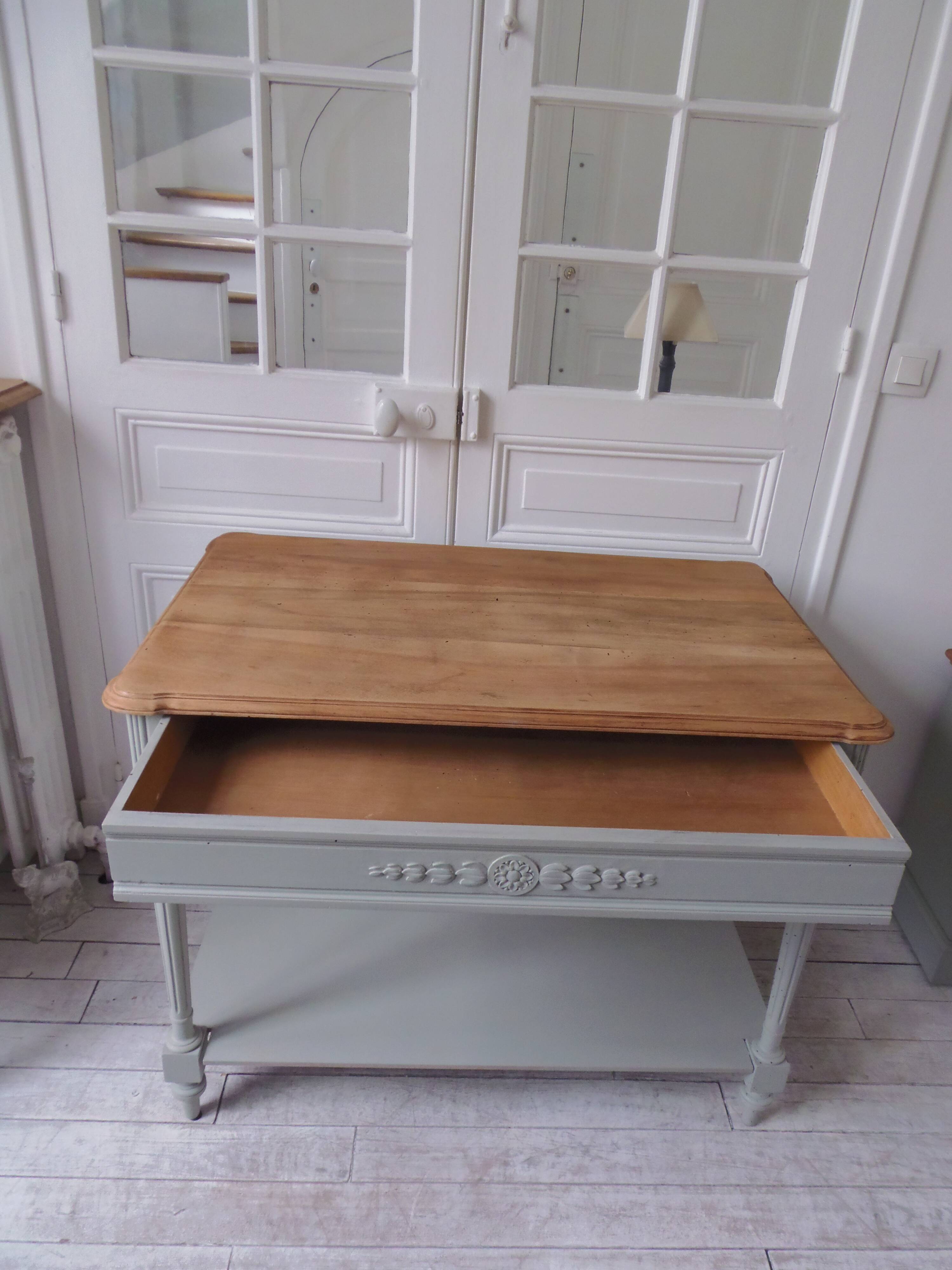 Louis XVI style desk and serving trolley in beautifully crafted verdigris walnut.