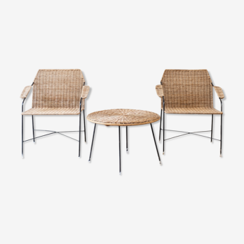 Pair of chairs and rattan table, France '70