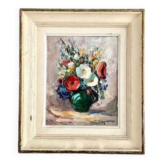 Bouquet champêtre, ancienne huile sur panneau